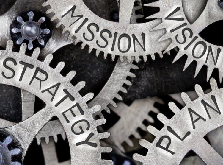 Gears that say mission, vision, strategy, and plan
