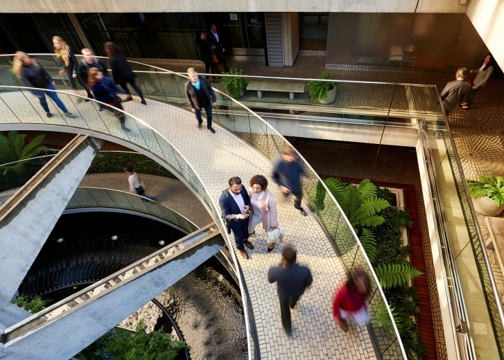 people walking up a winding path in a city
