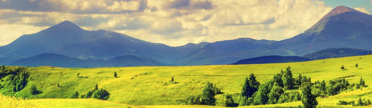 green hills with mountains in the background