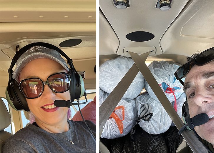 Heather and James in plane ready to deliver donations