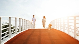 A couple walking on a bridge with their dog