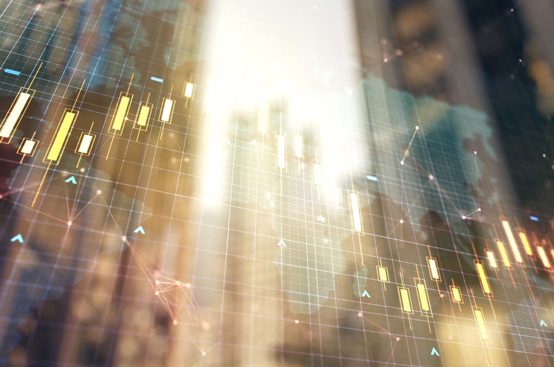 building with charts overlay