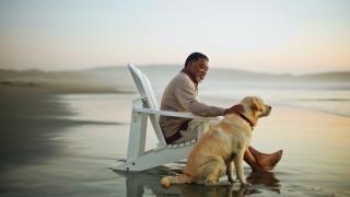 man and dog on beach