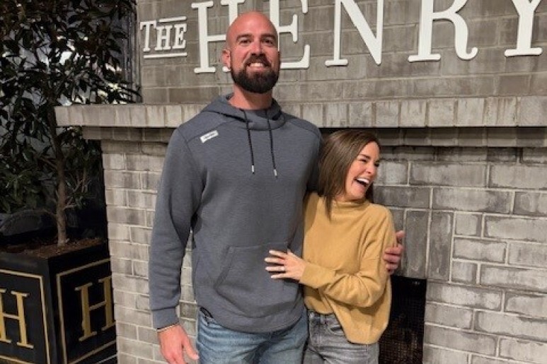 Sean and his fianc&eacute; Emily, celebrating their engagement at dinner