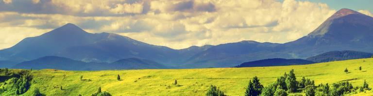 green fields in front of mountains